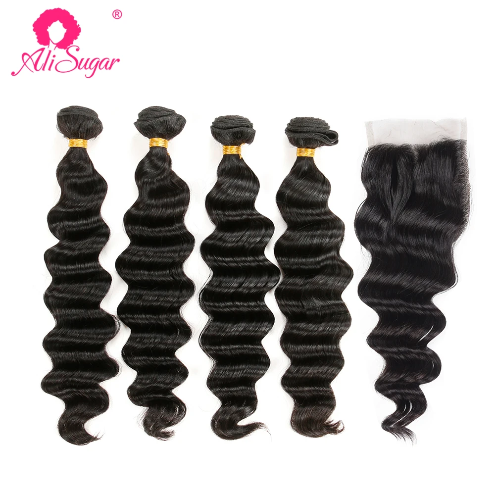 

Ali Sugar Hair Brazilian Raw Virgin Hair Loose Wave 4 Bundles With Closure 4*4 Swiss Lace Unprocessed Human Hair Extensions