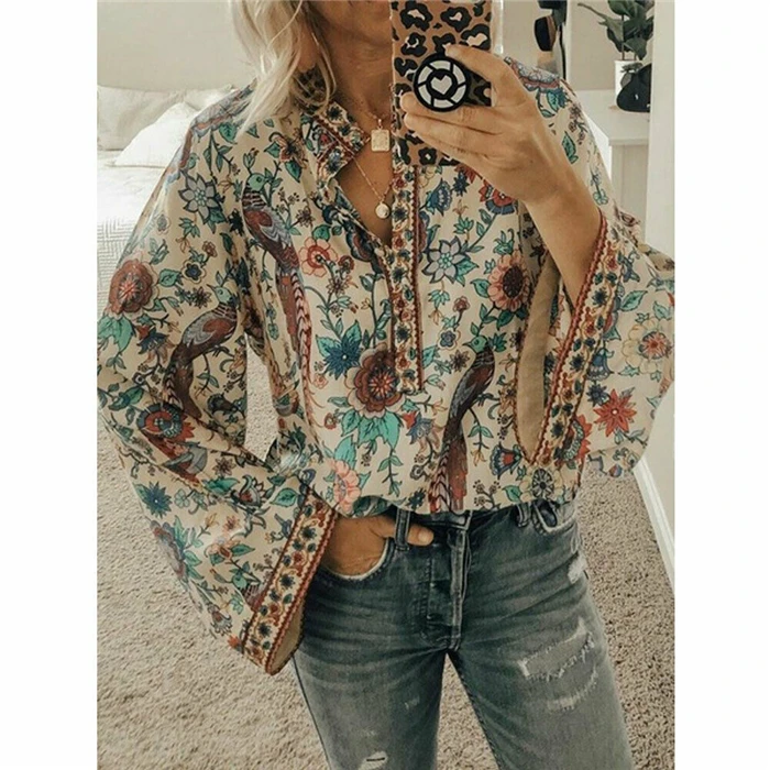 

New Women Vintage Floral Shirts Sexy Long Sleeve Loose Casual Blouses Boho Top Women Chic Autumn Clothes Slim Blouse Blusas 2019
