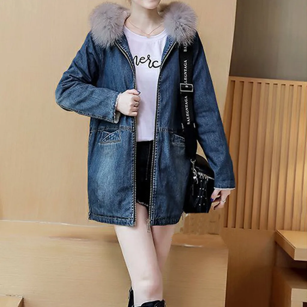 awesome  Winter Womens thick Jean Jacket Thicken Warm fur collar Fleece Denim female student short coat Punk