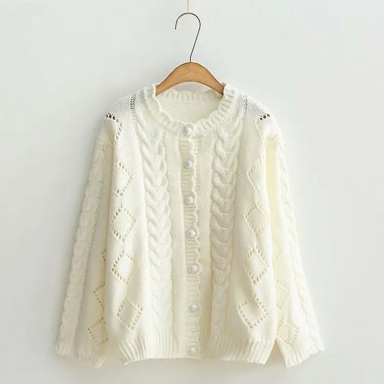 

Autumn And Winter New Style Mori Girl Line Rhombus Linen Flower Color Knitted Cardigan Hollow out Crew Neck Loose-Fit Versatile
