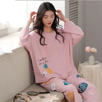 

2020 New Pajamas Women Autumn Winter Pure Cotton Long Sleeve Pants Lovely Pullover Women's Casual Large Home Wear Set