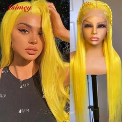 Asimey Lace Front Human Hair Wig Yellow Colored Straight Wigs 13X4 Transparent 30 32 Inch Pre Plucked 100% Virgin Remy For Women