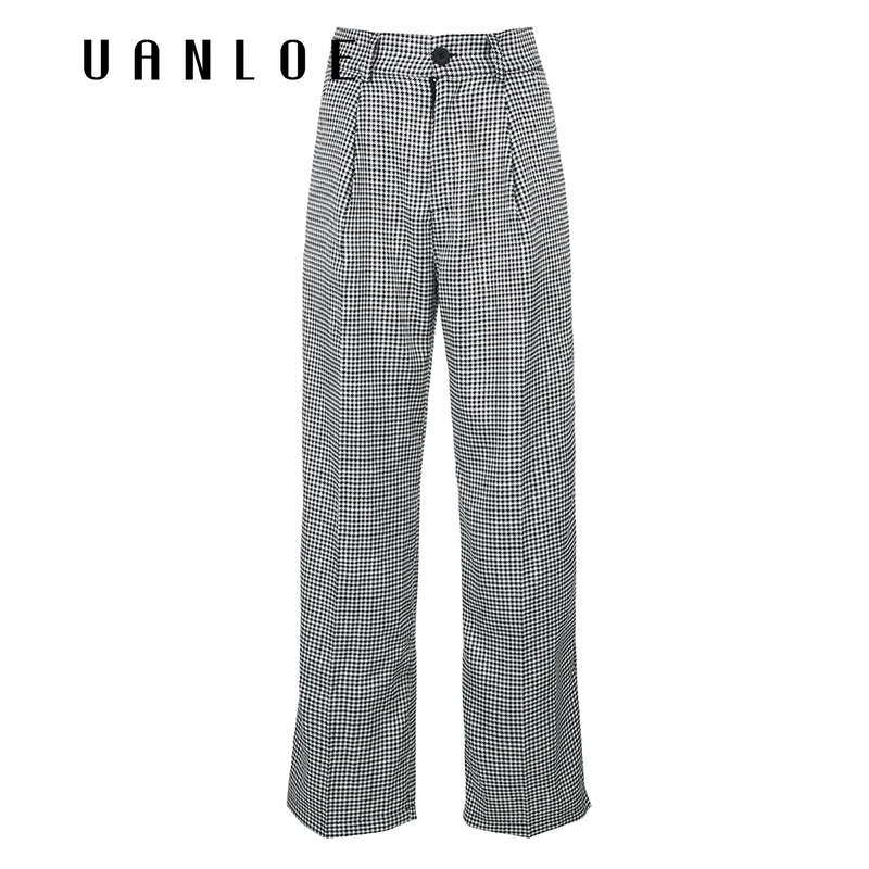 

Houndstooth Loose Wide Leg Casual Women pants High Waist Elegant Ladies Plaid Trousers