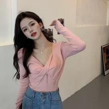 V-Neck Knot Slim Sexy Tight Sweater Women Bottoming Knitted Pullovers INS Casual 2021 Spring Fall Ladies High Elastic Solid Tops