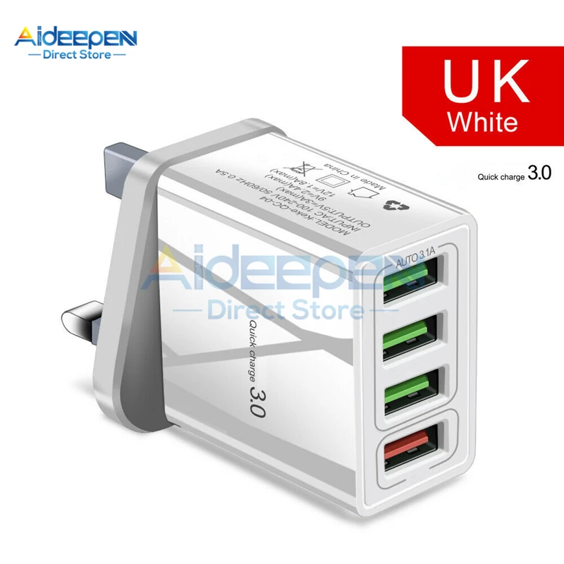 White UK QC3.0 4 порта USB быстрое зарядное устройство 5 в 3 А мобильный телефон USB быстрое зарядное устройство адаптер ЕС США Великобритания Разъем для iPhone samsung Xiaomi huawei - Цвет: White UK
