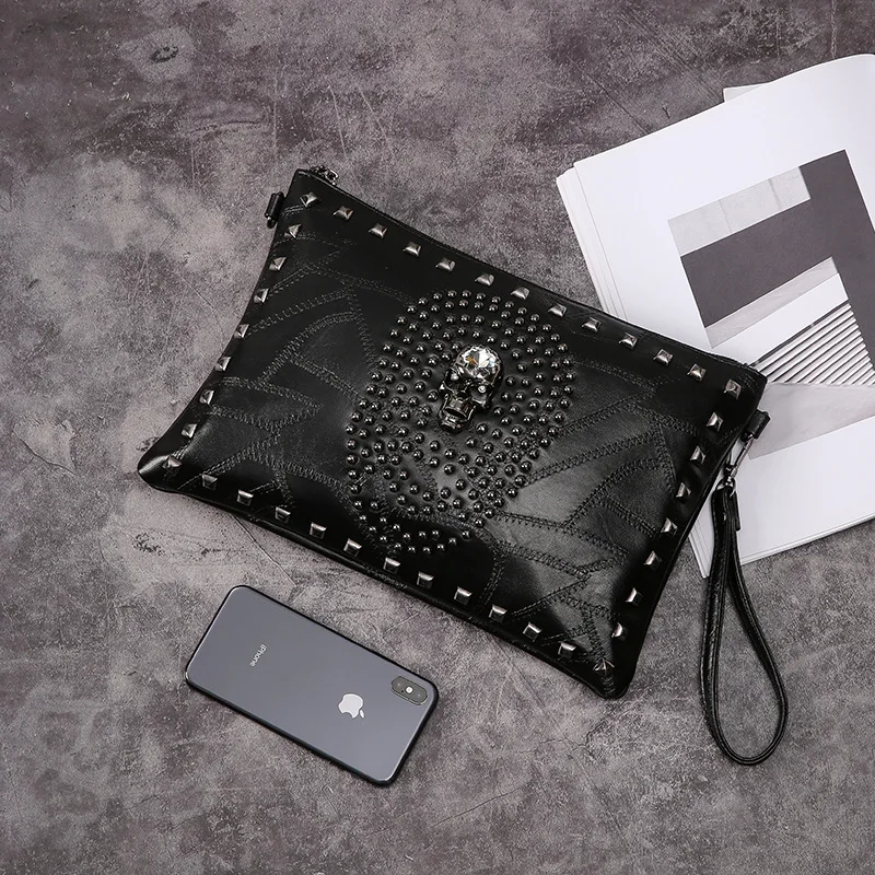 

Men's Bag New Youth Handbags Fashion Men's Wrist Bag Ghost Head Leather Trendy Men's Hand Bag Personality Rivet Shoulder Bag