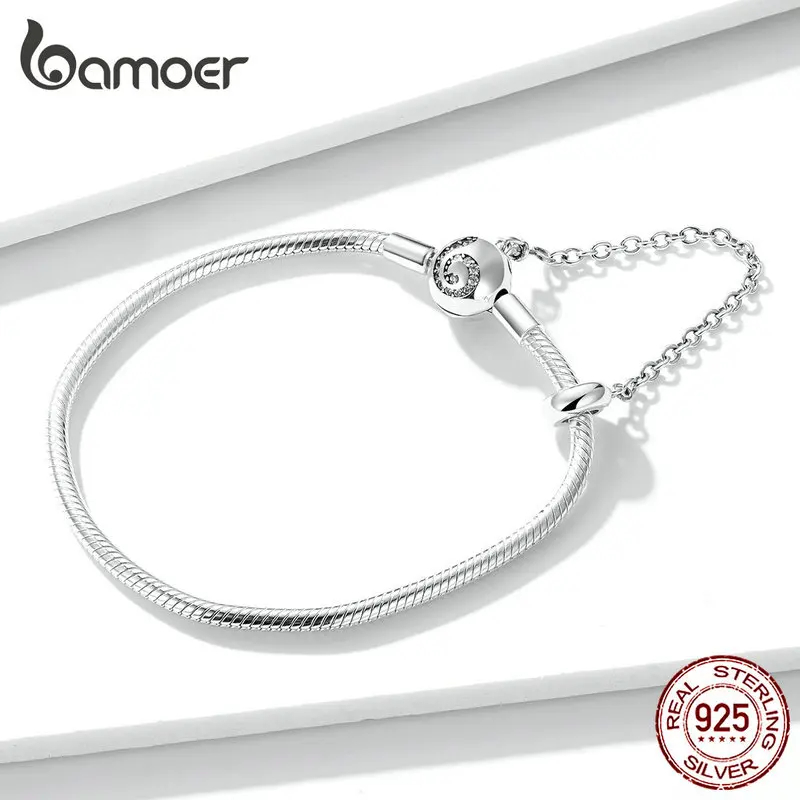 Bamoer, базовый Серебряный браслет-змея 925, 3 мм, с безопасной цепочкой, силиконовые бусины, сделай сам, аксессуары для изготовления ювелирных изделий, Bijoux BSB033