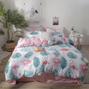 

Flamingo Monstera Duvet Cover Set Cotton Bedding Set Quilt Cover Bed Cover Bedclothes Bedsheet with Pillow Cases No Comforter