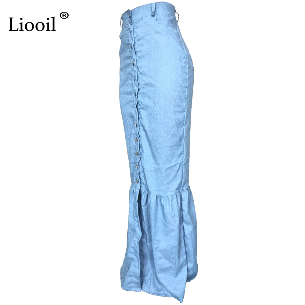 Liooil, синяя джинсовая сексуальная Длинная юбка, женская одежда, осень-зима, уличная одежда на пуговицах, бодикон, высокая талия, макси юбки для женщин