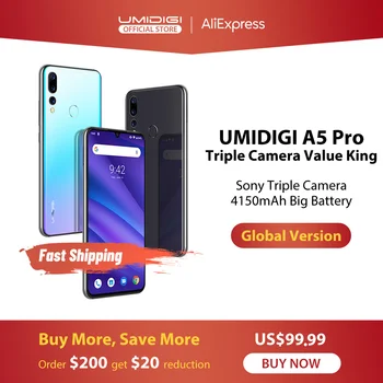 Перейти на Алиэкспресс и купить Смартфон UMIDIGI A5 PRO, сотовый телефон с глобальной прошивкой, Android 9.0, восьмиядерный процессор, экран 6,3 дюйма FHD+ Waterdrop, тройная камера 16 мП, аккум...