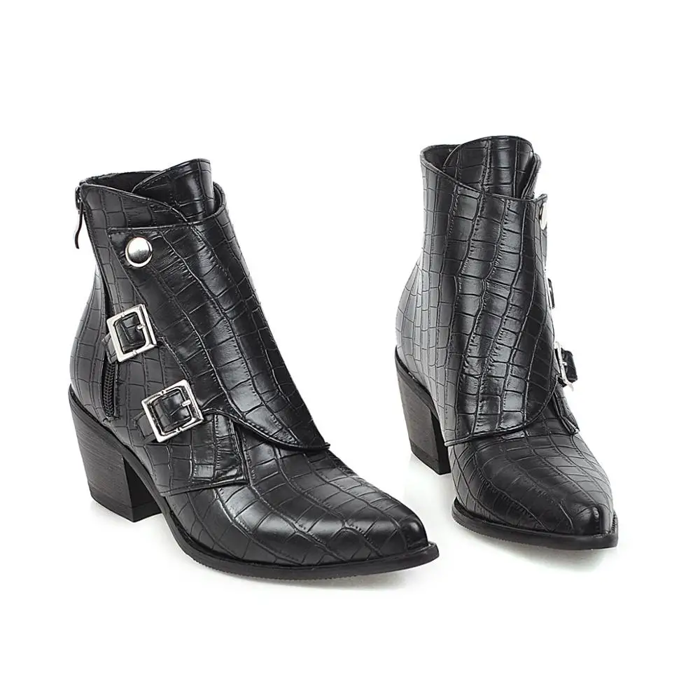 Женские ботильоны на высоком квадратном каблуке; botas zapatos mujer; зимняя кожаная обувь в стиле ретро; ботинки в ковбойском стиле; большие размеры - Цвет: black