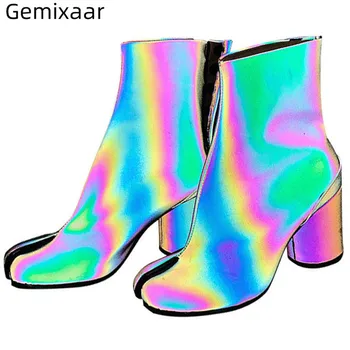 

2019 Autumn Split Toe Boots Women Bling Colorful Comfy Genuine Leather Ankle Bottes Chic Splited Toe Round Heel Woman Boots 42