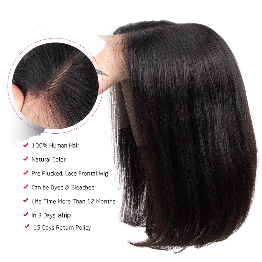 Peruvian 13*1 lace frontal wig straight short bob human hair wig for black women 150% density Middle part 8 10 12 14inch remy