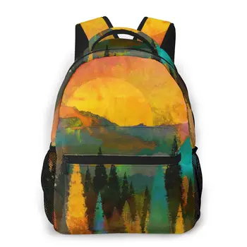 

Travel Backpack School Bags Trees Mountains Sun Sunrise Warm Red Yellow Bookbag for Teenage