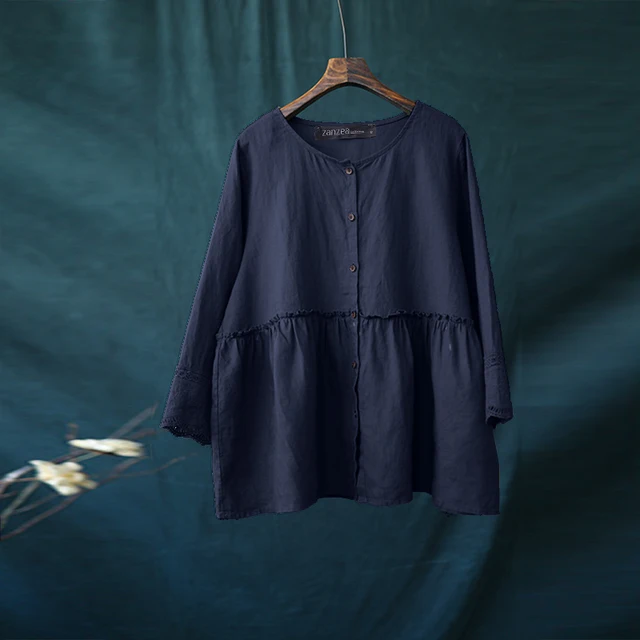 ZANZEA Solid Cotton Linen Blusas Women's Blouse Summer 3/4 Sleeve Lace Crochet Shirt Elegant Buttons Down Tops Ruffles Chemise Navy