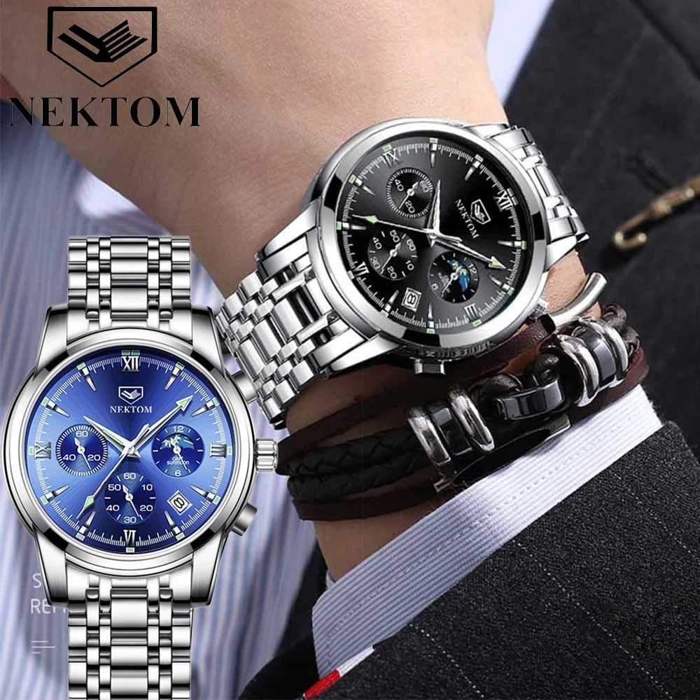 

NEKTOM Men's Watches Casual Sport Waterproof Steel Band Chronograph Quartz Clock Men Wristwatch Relogio Masculino Dropshipping