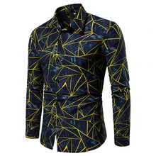 Модные геометрические принты умное повседневное мужское хлопковое белье Slim Fit Мужские рубашки с длинными рукавами платье рубашки camisa social