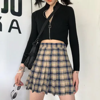

Focal20 Streetwear Plaid Pleated Women Skirt High Waist Pleated Mini Zip Up Female Skirts Casual Loose Spring Autumn Lady Bottom