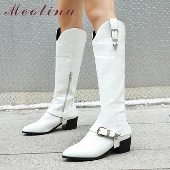 

Meotina Western Boots Women Shoes Pointed Toe Thick Heels Knee High Boots Buckle Zipper Long Boots Autumn Winter White Golden 43