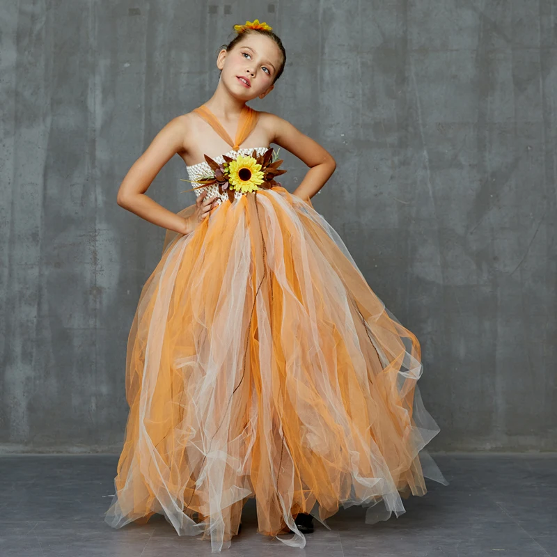 Autumn Scarecrow Girls Tutu Dress Set Kids Halloween Tulle Scare Crow Costume Fall Colored Flower Children Wedding Couture Dress (8)