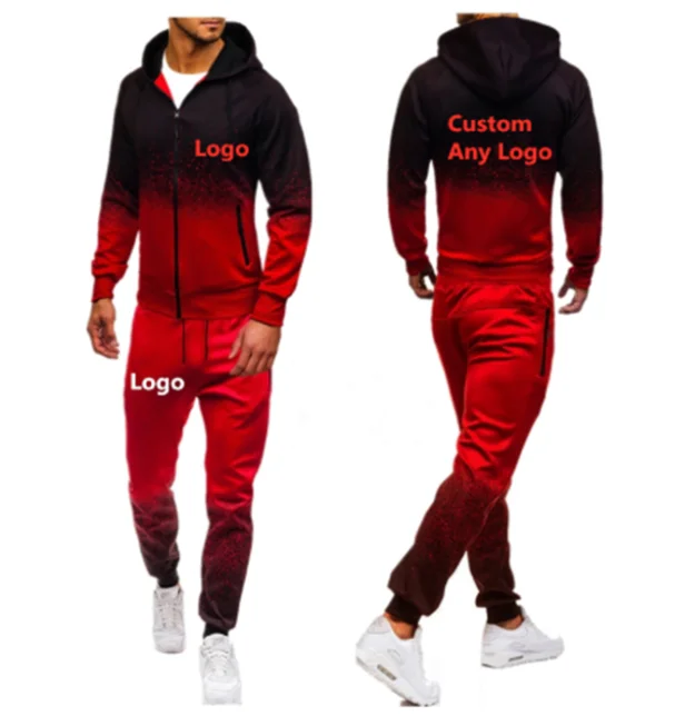 For Men's Design Logo Hoodies Harajuku Man Gradient color Hooded Fleece zipper Jacket Sweatshirt Sweatpants Suit 2pcs