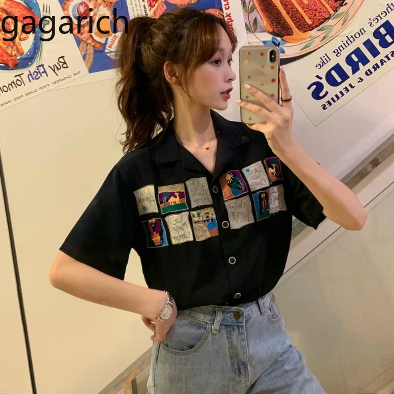 

Gagarich Women Summer Blouse Korean Loose Slim Turn Down Collar Short Sleeve Button Tops Casual Fashion Embroidery Female Shirts