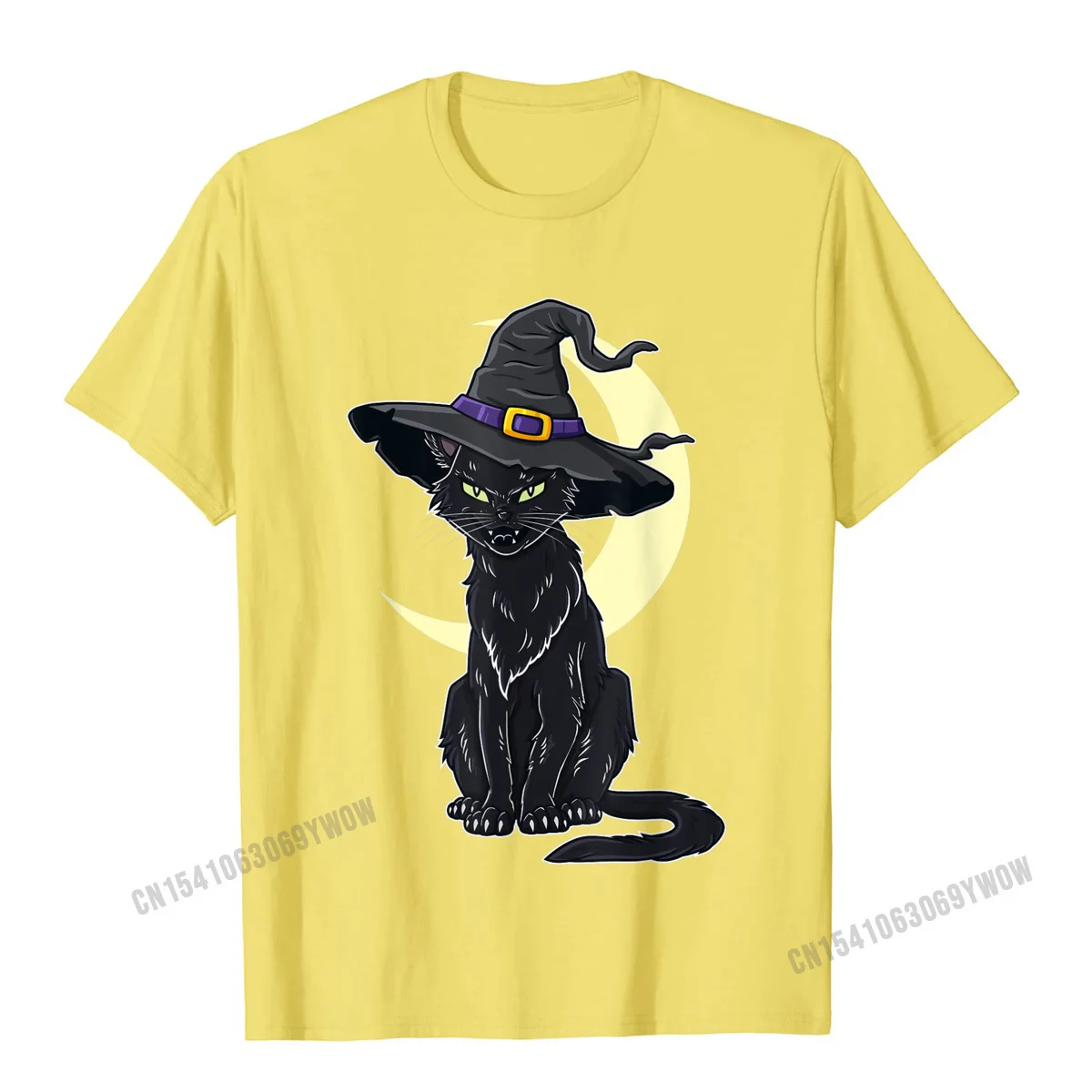 Camisa Short Sleeve Tops T Shirt NEW YEAR DAY Crew Neck Cotton Men T Shirt cosie Camisa Clothing Shirt Cute Drop Shipping Halloween Scary Black Cat With Witch Hat T-Shirt__669 yellow