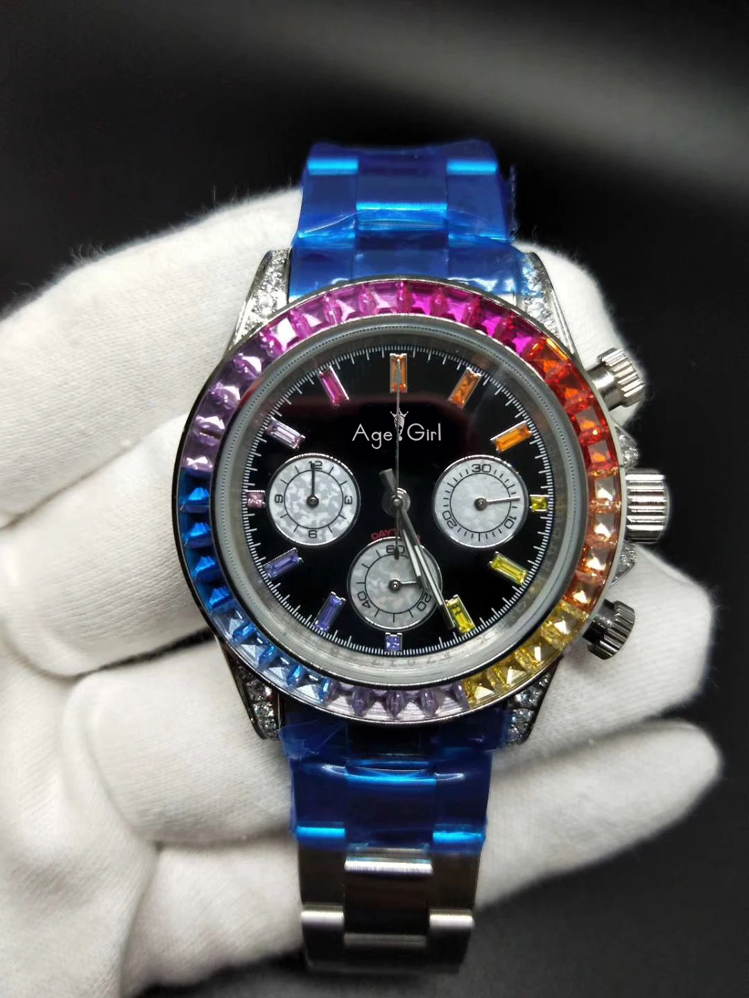 

LuxuryNew Brand Men Rainbow Diamond Daydate Stainless Steel Silver Black Rose Gold Japanese Quartz Chronograph Watch