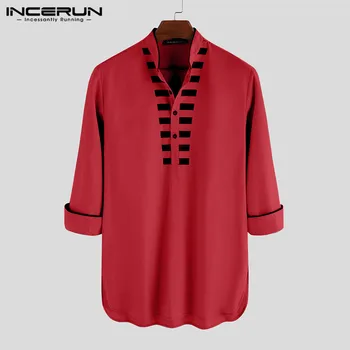 

Vintage Men's Shirt Long Sleeve Printed Stand Collar 2020 Tops Streetwear Ethnic Style Retro Mens Shirts Indian Clothes INCERUN