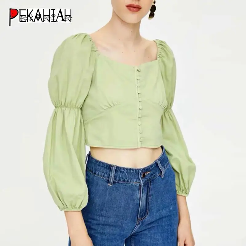 Винтажные Женские топы и блузки, Сексуальные Зеленые топы с пышными рукавами, уличная одежда на пуговицах, блуза с длинным рукавом, рубашка, повседневный женский топ