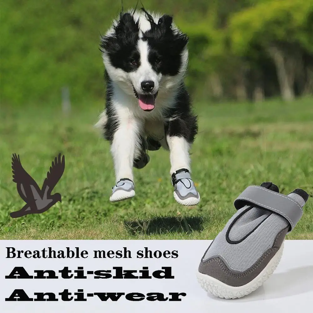 

4PCS Gray Dog Shoes Anti-slip soft Reflective Straps Four seasons shoes Suitable for small and large dogs Breathable Net shoes