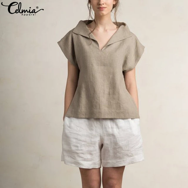 US $9.99 Celmia Women Vintage Linen Tops Plus Size Blouses 2020 Summer V Neck Short Sleeve Shirts Casual Tun