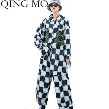 

QING MO Plus Size Women Set 2020 Autumn Contrast Checkered Lapel Shirt Street Fashion Wide Leg Pants Two-piece Set LHXX168