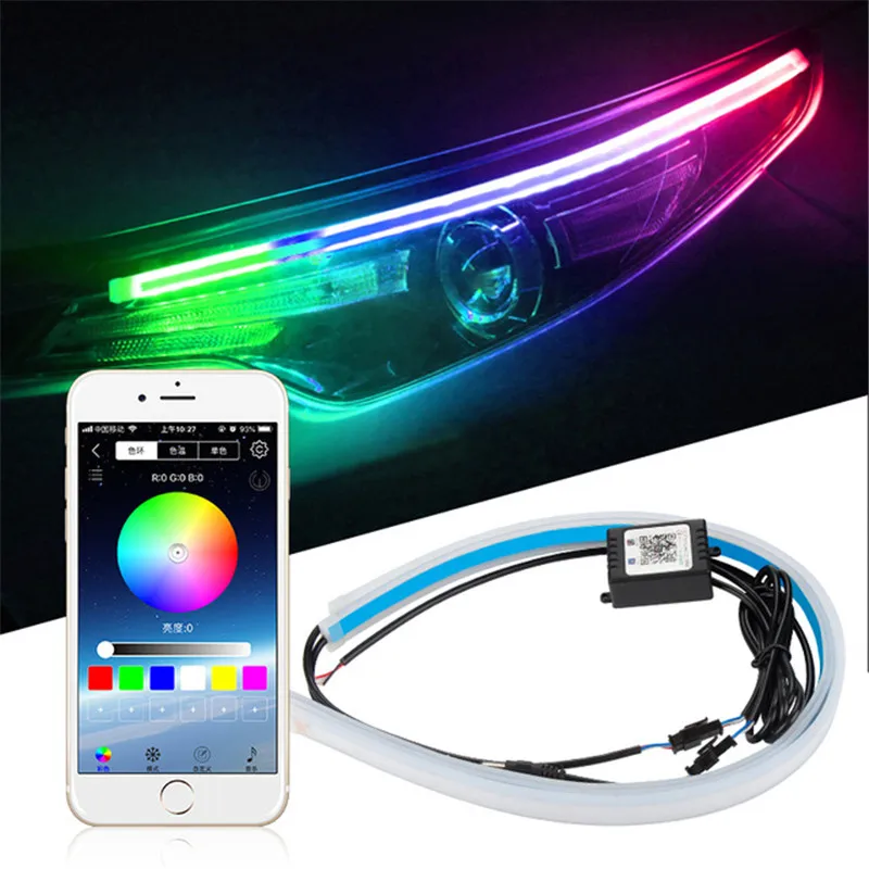 2pcs App Control Daytime Running Light Car Sequential Flowing RGB 60cm DRL APP LED Light Strip Turn Signal Lights For Headlight