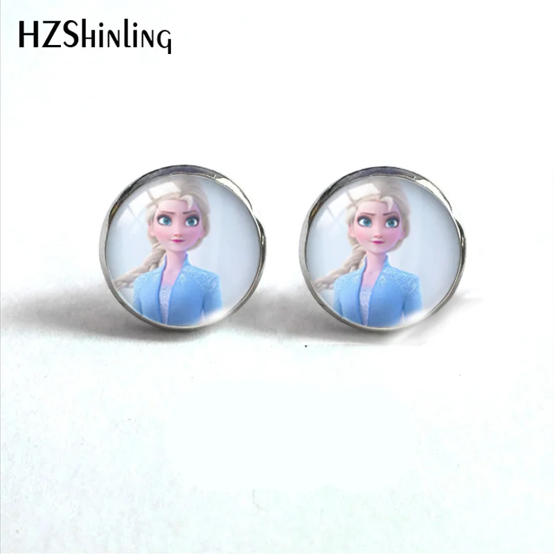 Новая мода серебро бронза Стекло серьги с изображениями героев мультфильмов(Эльза и Анна узор круглые серьги-гвоздики Стекло кабошон серьги ювелирные изделия из жемчуга