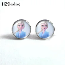 Новая мода серебро бронза Стекло серьги с изображениями героев мультфильмов(Эльза и Анна узор круглые серьги-гвоздики Стекло кабошон серьги ювелирные изделия из жемчуга