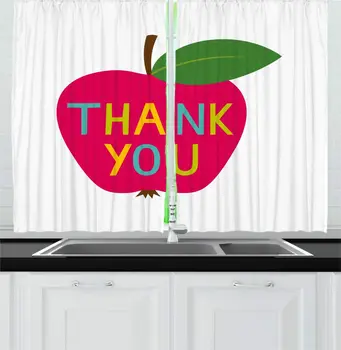 

Magenta Multicolor Thank You Kitchen Curtains Abstract Colorful Apple with Typography Leaf Plain Background for Kitchen Cafe