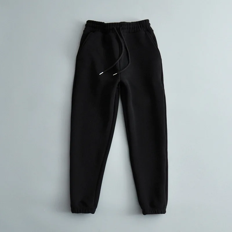 На зимнем меху утепленные спортивные брюки для девочек Новая эластичная кулиска на талии брюки для Для женщин Свободные Повседневное Для женщин брюки - Цвет: Черный