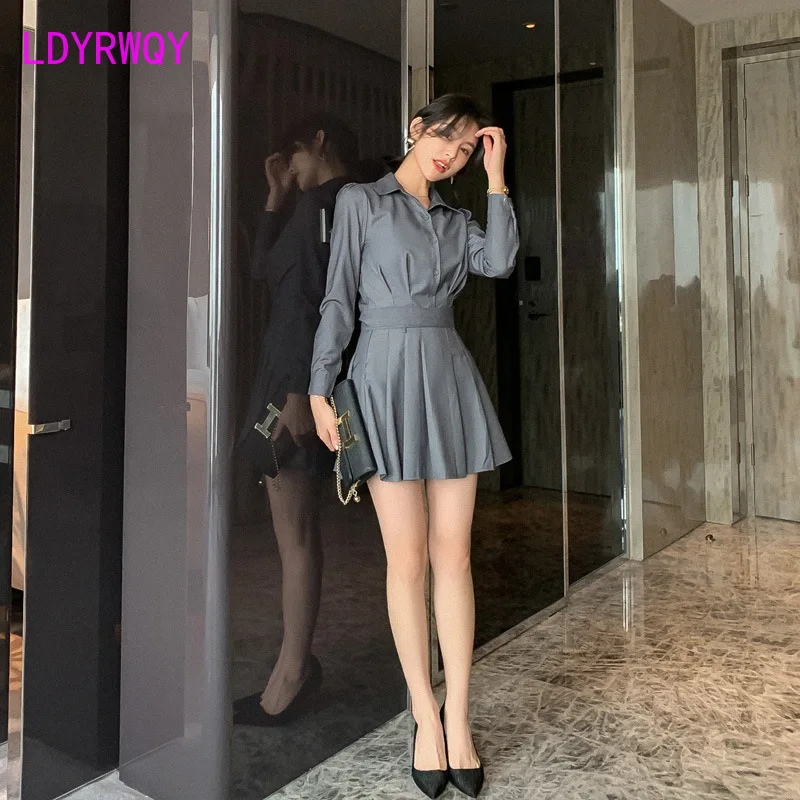 2019 fashion autumn women's new temperament ladies shirt collar shirt + pleated skirt two-piece suit