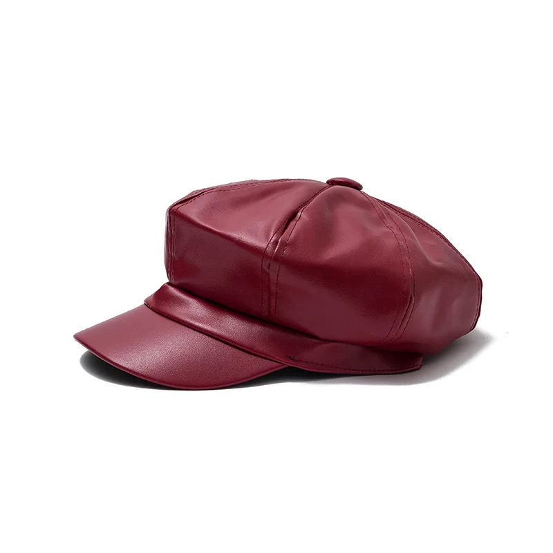 Wine red Женская осенне-зимняя восьмиугольная шляпа в стиле художника, женская шляпа из искусственной кожи, винтажные модные береты, женская шапка, теплый берет для прогулок D04 - Цвет: Wine red