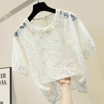 

Lace Blouse Women 2020 New Fashion Handmade Large Pearl Beaded Round Neck Loose All-match Lace Shirt Sexy Perspective Shirt Tops