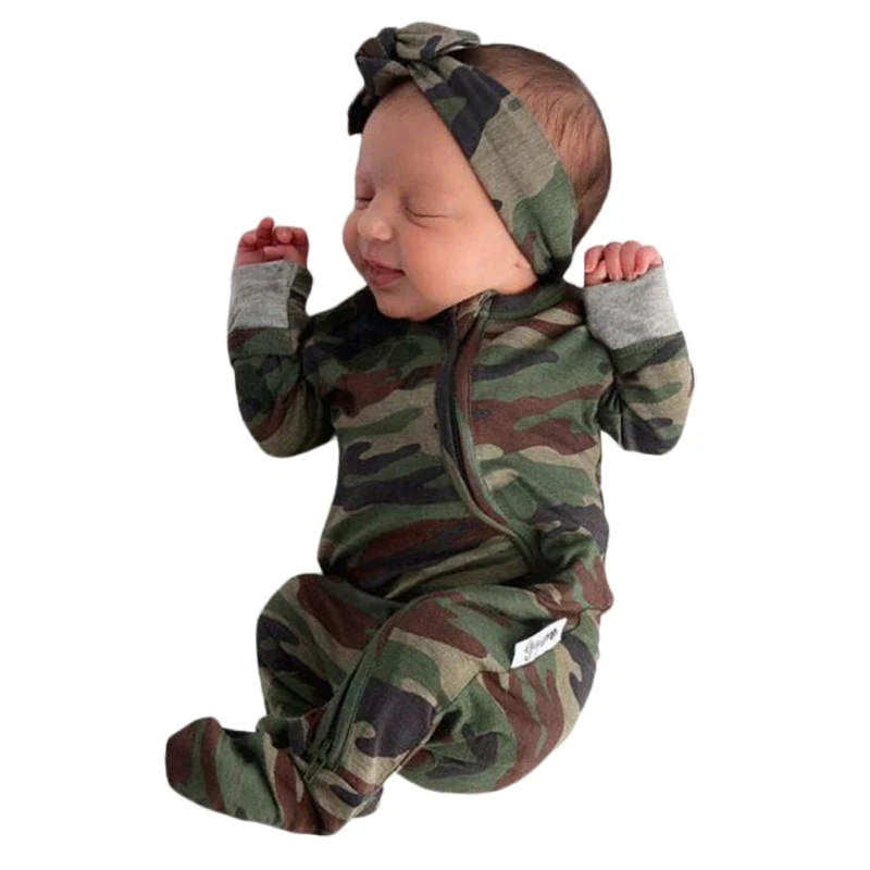Infant Toddlers Baby Boys Long Sleeve Camouflage One-piece Romper Bow-Tie Headband 2Pcs 0-9M