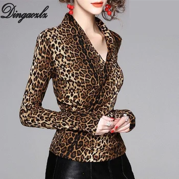 

Dingaozlz M-5XL High street Women clothing long-sleeved Sexy Leopard Printed Tops V-neck Fashion Blouse Shirt