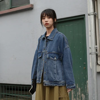 

Harajuku Loose Frayed Denim Jacket Women Basic Coat Outerwear Spring New Vintage Navy blue Short Long sleeve Jeans Jacket Female
