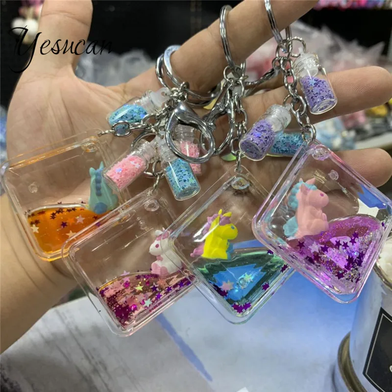 Car Jewelry quicksand keychain rings for studends girl gift women Bag jewelry Lucky Animal Unicorn  Car Key Holder Key Rings
