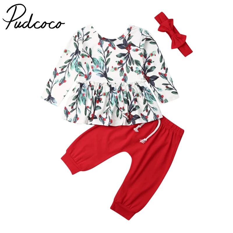 

3Pcs Newborn Infant Kids Baby Girl Long Sleeve Print Top Dress Red Pants Headbands Outfits Set Clothes Cotton Outwear For 0-4Y
