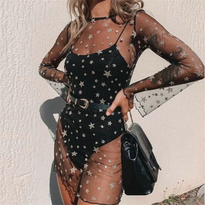 Mode-dames-noir-plage-robe-Sexy-femmes-pure-maille-Bikini-couverture-plage-robe-Vintage-paillettes-toile (4)