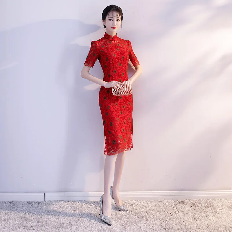 Женское летнее кружевное платье Cheongsam с вырезом, стиль, улучшенное платье cheongsam средней длины, улучшенное платье Cheongsam