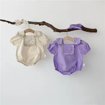 

baby bodysuit solid purple beige lace design sweet baby girls jumpsuits with headband