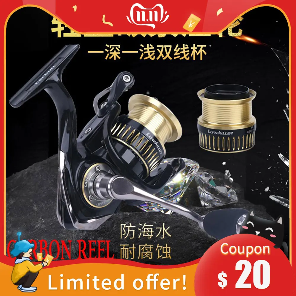 

Fishing Reel Lurkiller Arrival Pure Carbon Spinning Reel Black Gull 2000/2500/3000/4000 Double Spools 9+1BB Carbon Washers